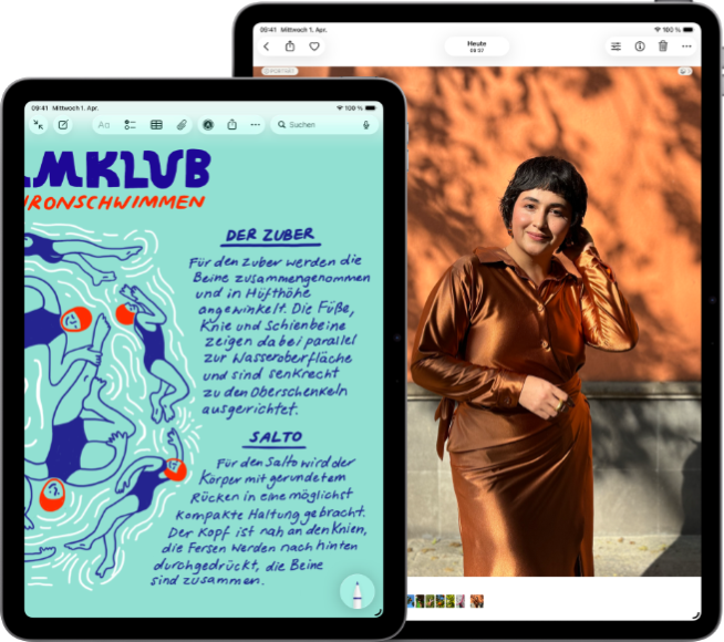 Zwei iPad Air Geräte, Größen: 11 Zoll und 13 Zoll, das 11 Zoll Modell zeigt farbigen Text in der Notizen App, das 13 Zoll Modell zeigt das Foto einer Person in der Fotos App