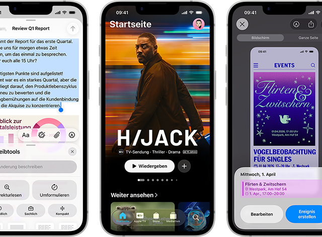 Nebeneinander angeordnete iPhone 17e Geräte mit unterschiedlichen Displays: ein Spiel wird gespielt, Schreibtools, Apple TV App, ein Kalenderereignis wird erstellt, ein Genmoji wird erstellt