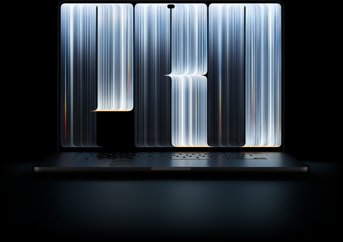 MacBook Pro mit PROLED XDR Display, Farbe Space Schwarz, das Display zeigt bandartige Objekte mit einem dichten Muster aus leuchtenden Streifen verschiedener Breite, die das Wort Pro ergeben